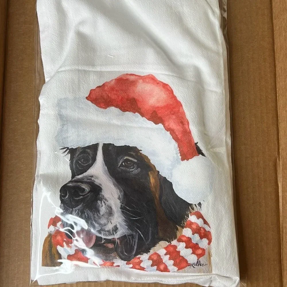 Hippie Hound Studios Christmas Dog Towel “Saint Bernard ” Holiday Towel Set 2 NW